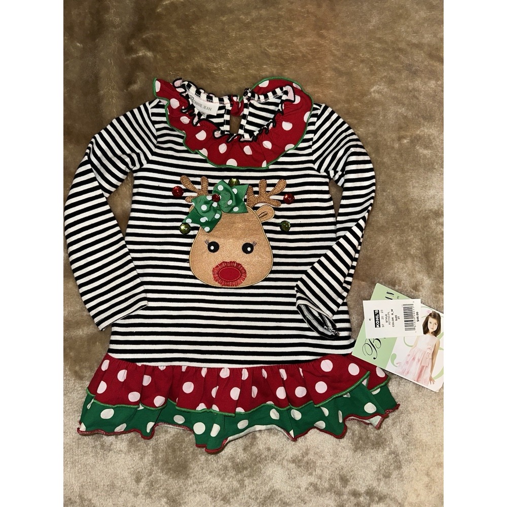 New Bonnie Jean Dress Size 2T Girls Reindeer Winter Long sleeve Stripes Polkadot